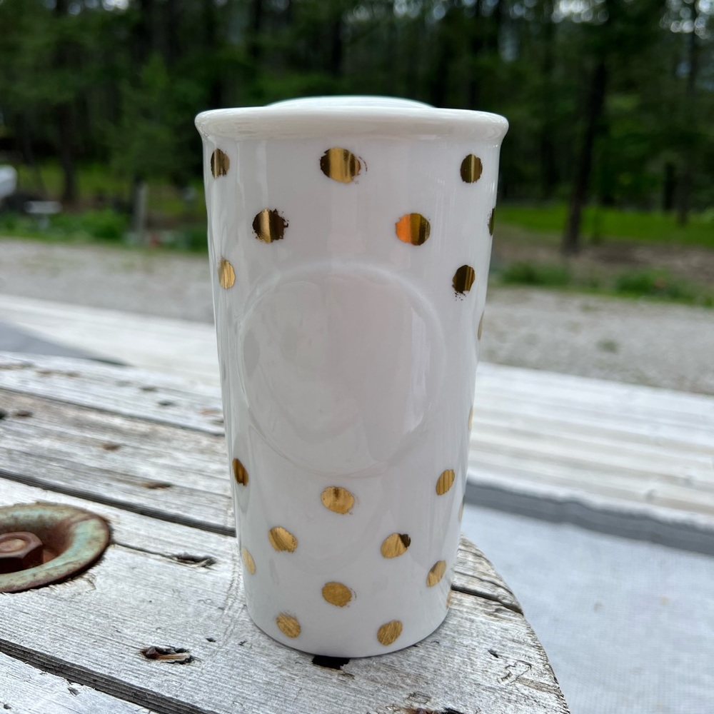 STARBUCKS | Gold Polka Dot Ceramic Tumbler Circa 2014